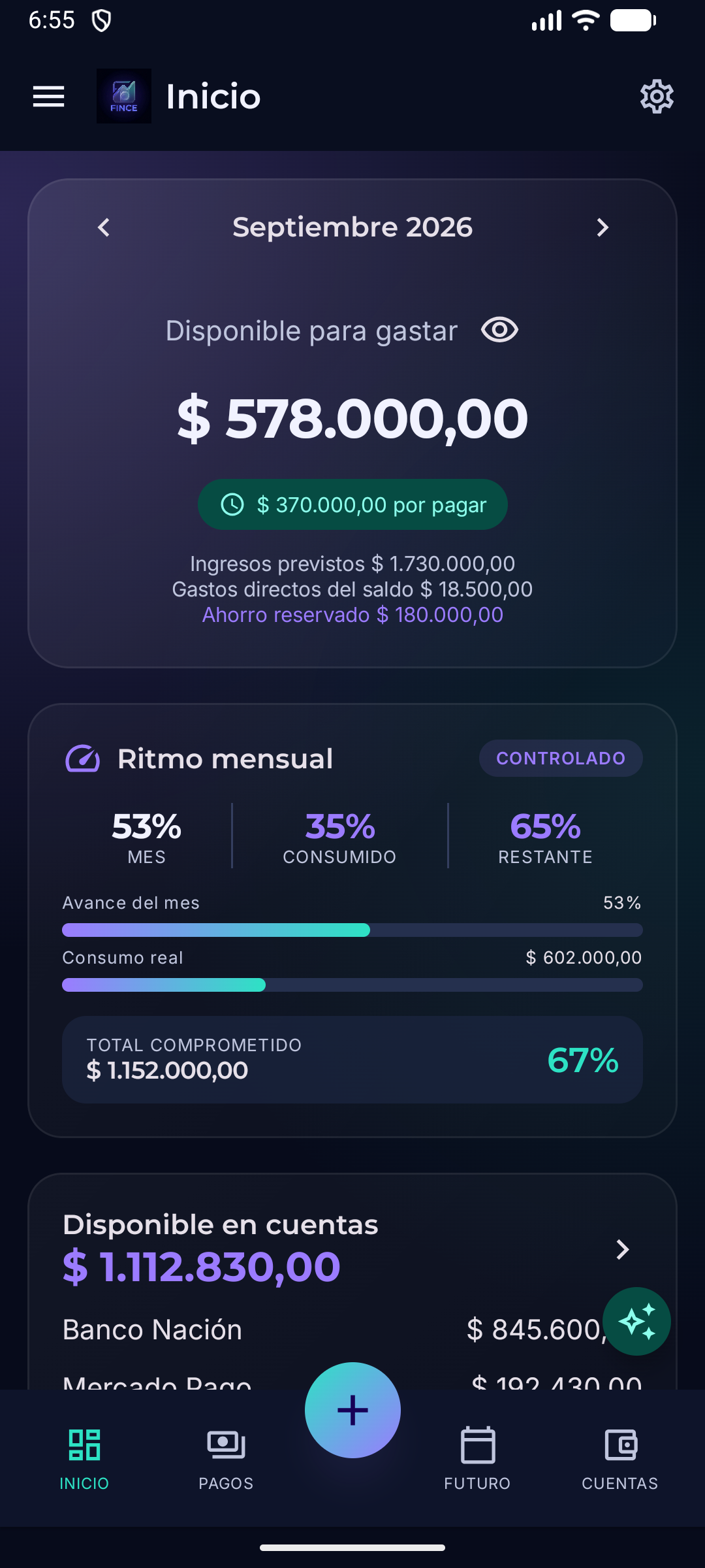 Fince en modo oscuro mostrando un resumen financiero con datos de ejemplo